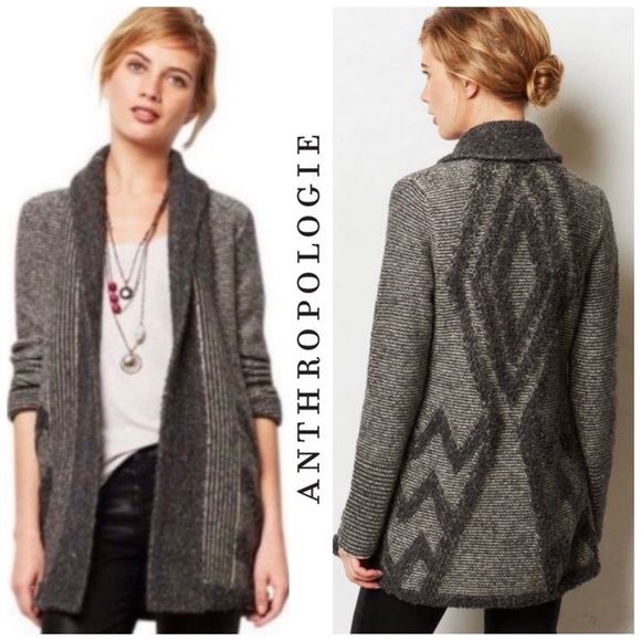 Anthropologie Angel of the North Textured Wool Blend Chevron Open Front Cardigan - Picture 2 of 10